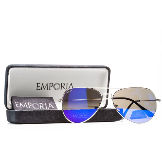 Emporia Włochy - seria Aviator "LAGOON", polaryzacyjne okulary przeciwsłoneczne z twardym etui i ściereczką do czyszczenia, niebiesko-fioletowe szkła, srebrna oprawka