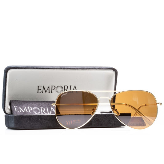 Emporia Italy - Okulary przeciwsłoneczne Aviator "DESERT", polaryzacyjne okulary przeciwsłoneczne z twardym etui i ściereczką do czyszczenia, jasnobrązowe soczewki, złota oprawka