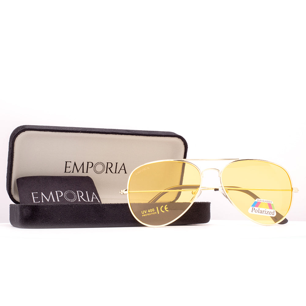 Emporia Italy - Seria Aviator "HOLLYWOOD", polaryzacyjne okulary przeciwsłoneczne z twardym etui i ściereczką do czyszczenia, żółto szkła, złota oprawka 1 