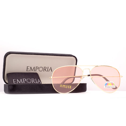 Emporia Italy - Seria Aviator "CUKIEREK", polaryzacyjne okulary przeciwsłoneczne z twardym etui i ściereczką do czyszczenia, różowe szkła, złota oprawka