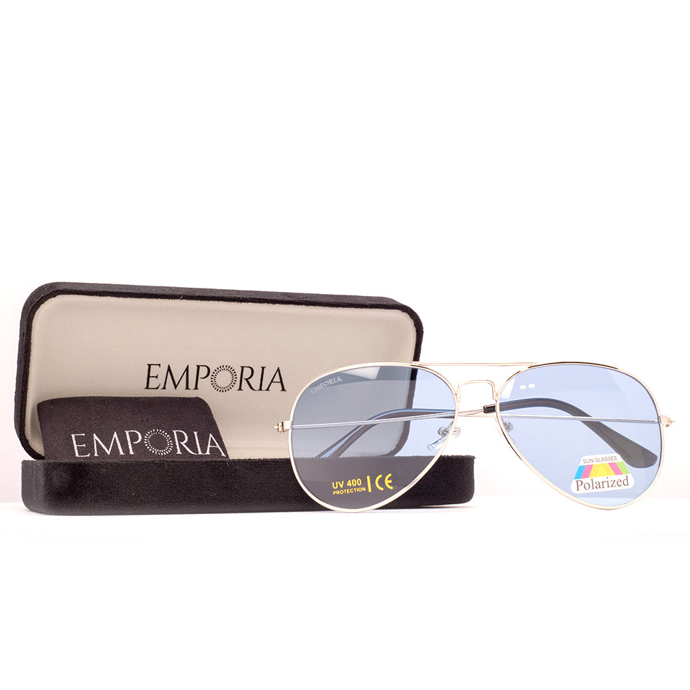 Emporia Italy - seria Aviator "LÓD", polaryzacyjne okulary przeciwsłoneczne z twardym etui i ściereczką do czyszczenia, Jasnoniebieskie szkła, srebrna oprawka