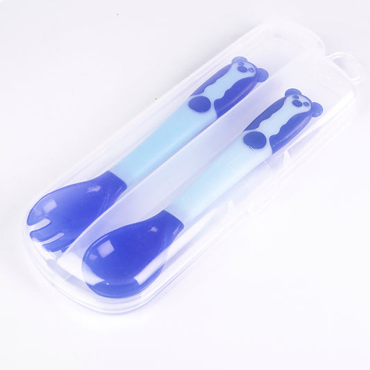 Zestaw łyżek i widelców reagujących na ciepło, zginany, nie zawiera BPA, kolor: niebieski