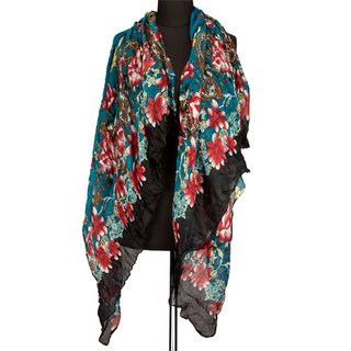 Flower Patterned 100% Viscose Fashion Scarf, Size: 180 cm x 100 cm, Wash in Machine 30 degrees, Color: TURQUIOSE-BLACK-RED