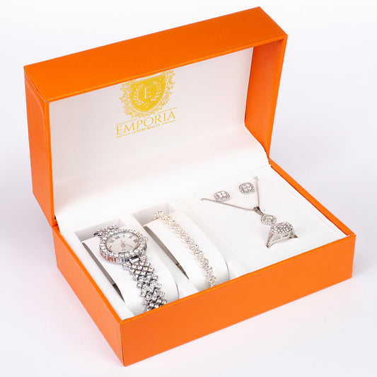 Zegarek pozłacany z białym kryształem emporia® (Naszyjnik+Kolczyki+Bransoletka+Zawieszka)