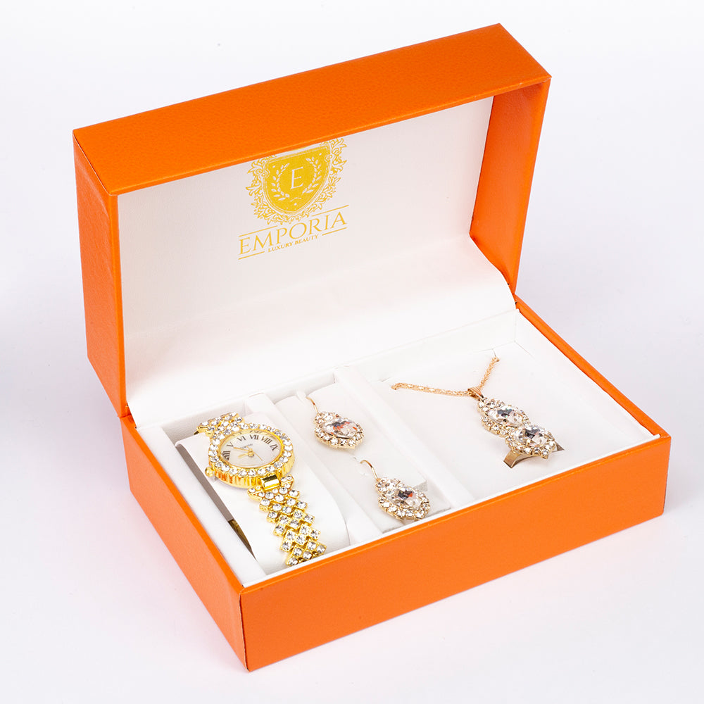 Emporia składający się z zegarka, łańcuszka, wisiorka, kolczyków i pierścionka, w ekskluzywnym pudełku prezentowym z efektem skóry