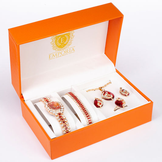 Emporia składający się z zegarka, bransoletki, łańcuszka, wisiorka, kolczyków i pierścionka, w ekskluzywnym pudełku prezentowym z efektem skóry