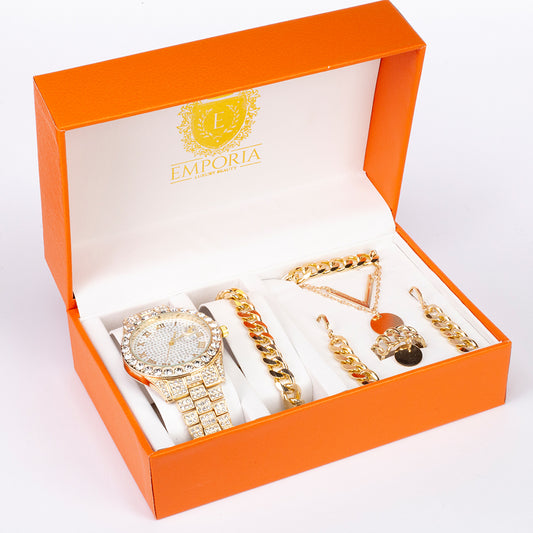 Emporia składający się z zegarka, naszyjnika, bransoletki, kolczyków i pierścionka, w ekskluzywnym pudełku prezentowym z efektem skóry