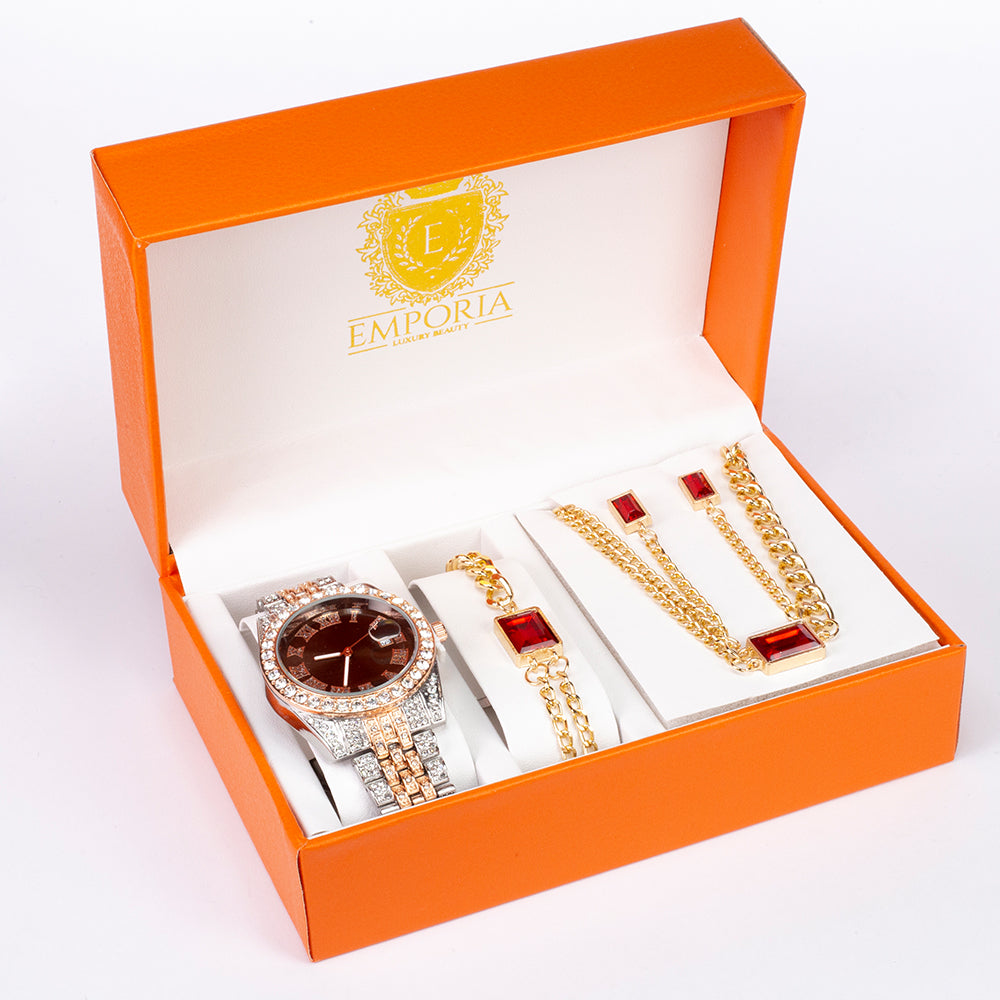Emporia składający się z zegarka, naszyjnika, bransoletki i kolczyków, w ekskluzywnym pudełku prezentowym z efektem skóry
