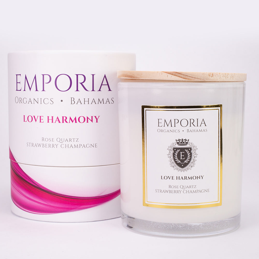 Emporia Organics BAHAMAS szklana świeczka - LOVE HARMONY, z kwarcem różowym, zapach truskawkowo-szampanowy, 100% wosk sojowy, 230g