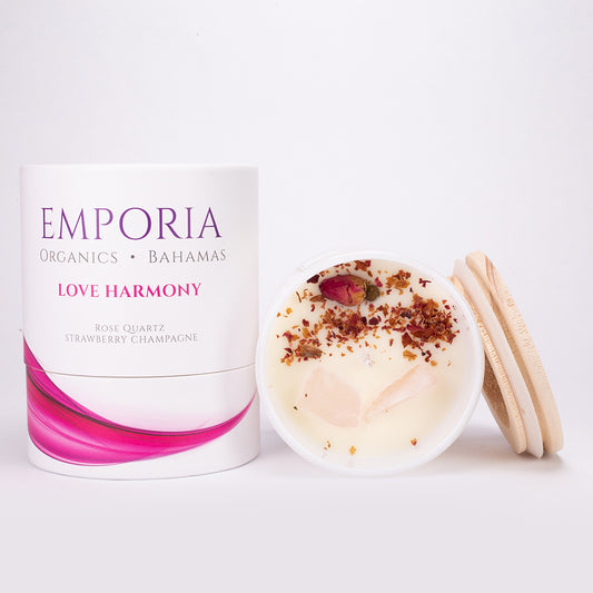 Emporia Organics BAHAMAS szklana świeczka - LOVE HARMONY, z kwarcem różowym, zapach truskawkowo-szampanowy, 100% wosk sojowy, 230g
