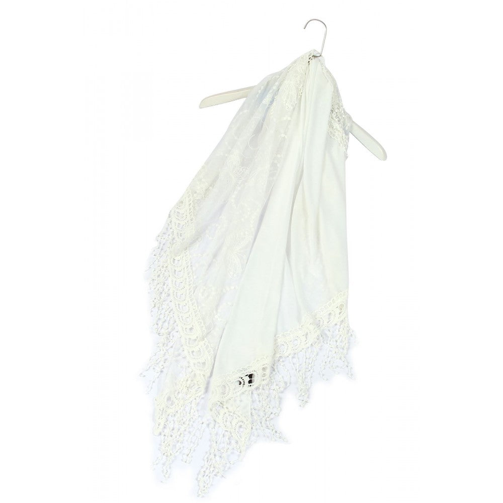 Bawełniany szalik trapezowy, 80 cm x 198 cm x 70 cm, wzorzysty z koronki motylkowej, biały