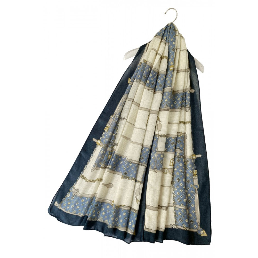 Szalik bawełniany, 85 cm x 180 cm, modna klamra do paska, wzorzysty, niebieski