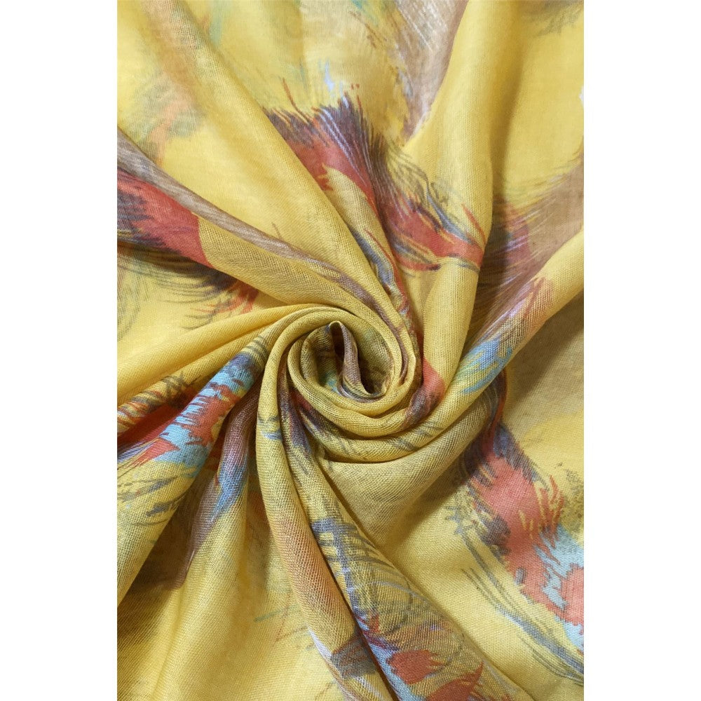 Pływający żółty szal we wzorzyste pióra, 90 cm x 180 cm