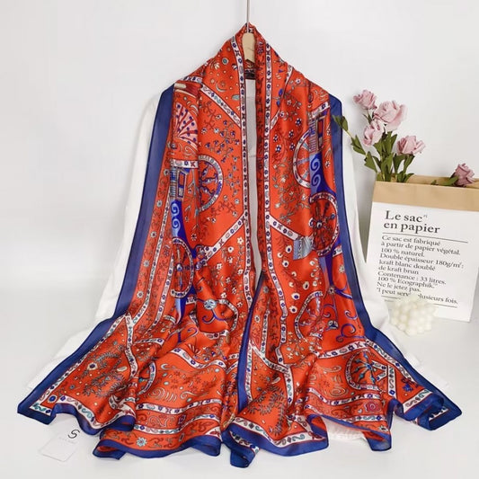 Jedwabny szal, 90 cm x 180 cm, porośnięty kwiatami i roślinami, kolor czerwony, 100% jedwab