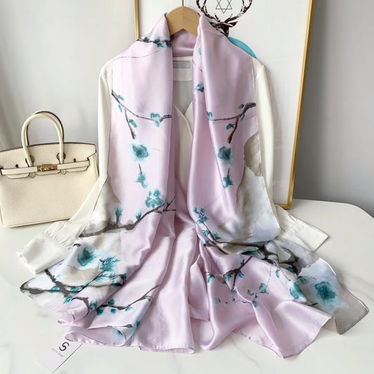 Jedwabny szalik, 90 cm x 180 cm, Zimna Śliwka Dumna Gałąź, Różowy, 100% Jedwab