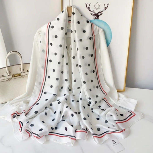 Jedwabny szalik, 90 cm x 180 cm, modne kropki, biały, 100% jedwab