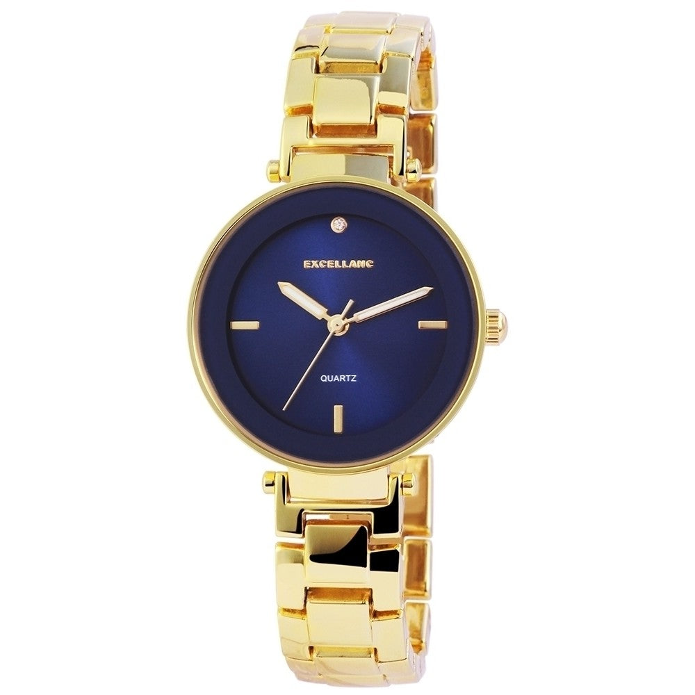 Excellanc Damski zegarek z metalowym paskiem, złoty kolor, wysokiej jakości mechanizm kwarcowy, niebieski cyferblat