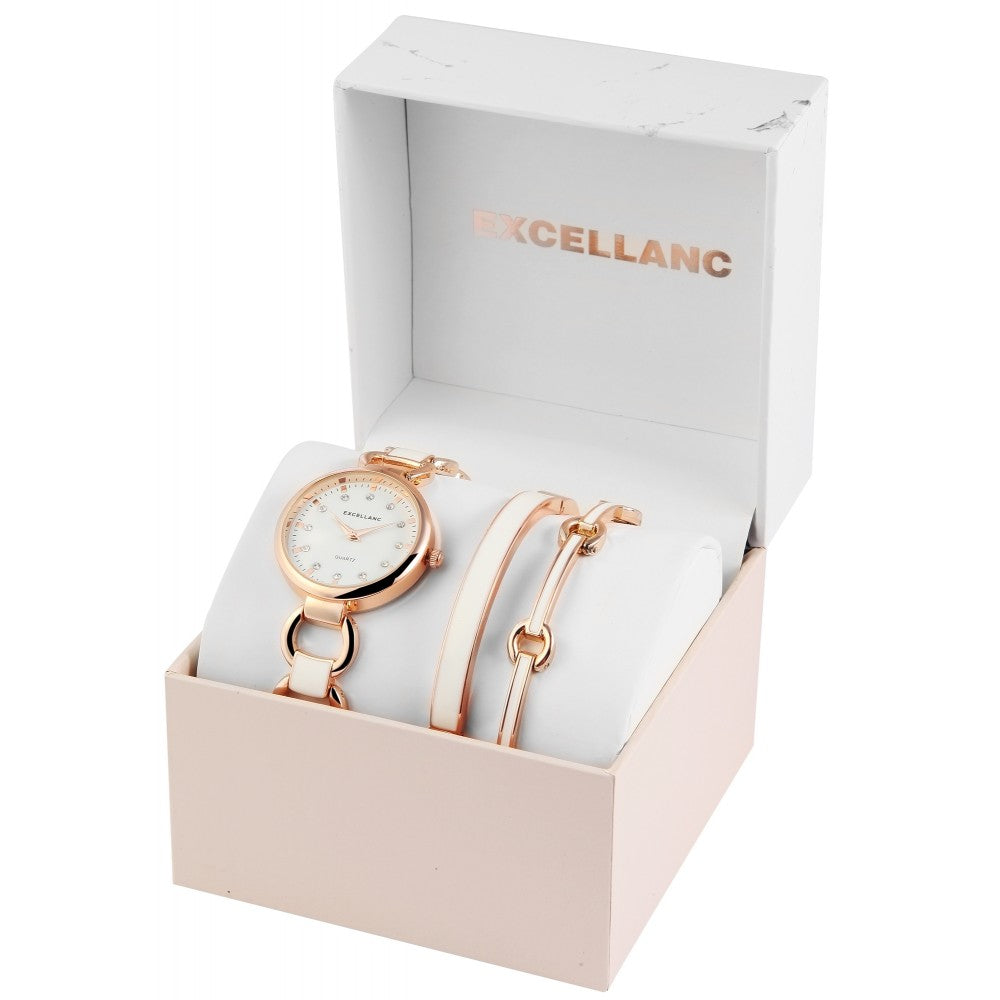 Excellanc Zegarek damski z 2 bransoletami EX0429, kolor różowego złota, wysokiej jakości mechanizm kwarcowy, biała tarcza