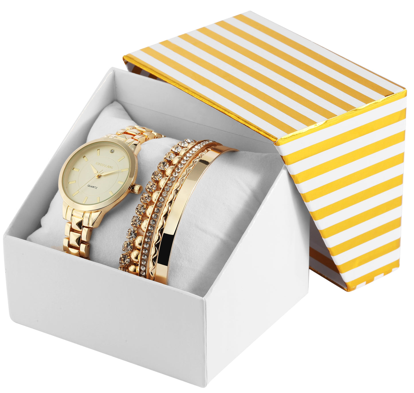 Zestaw prezentowy zegarka Excellanc: zegarek damski + 2 bransolety, złoty odcień EX0423, złoty kolor, wysokiej jakości mechanizm kwarcowy, żółty kolor tarczy