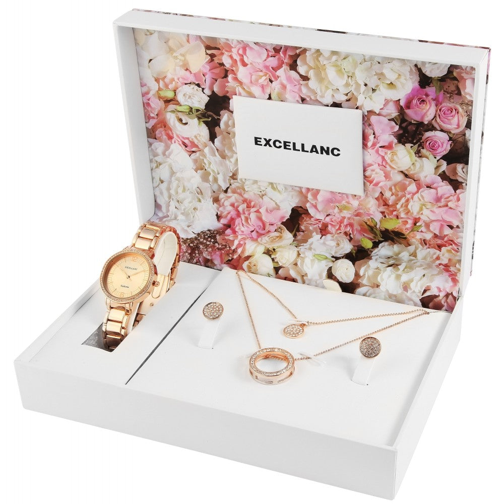 Zestaw prezentowy zegarków Excellanc: zegarek damski i naszyjnik + kolczyki, różowe złoto EX0427, różowe złoto, wysokiej jakości mechanizm kwarcowy, różowozłoty kolor tarczy