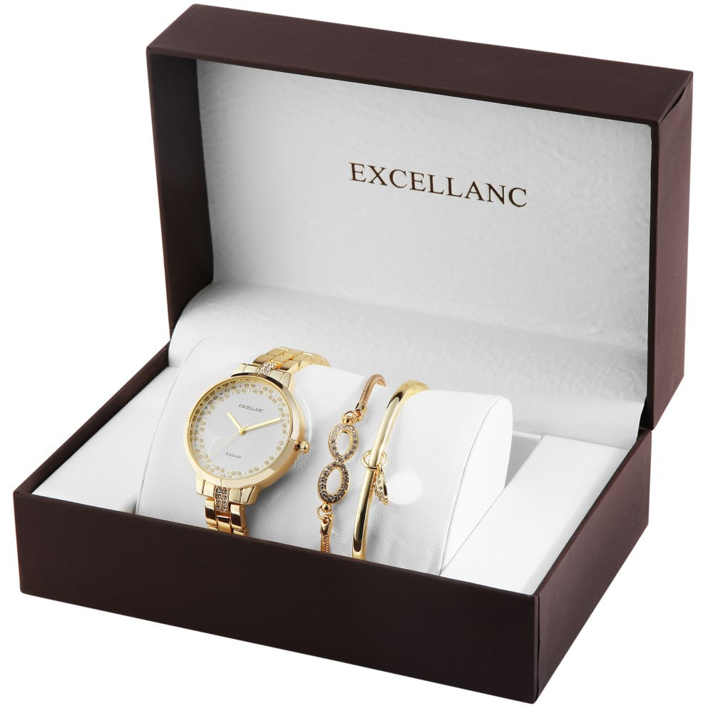 Zestaw upominkowy zegarka Excellanc: zegarek damski + 2 bransolety, złoty odcień, złoty kolor, wysokiej jakości mechanizm kwarcowy, biały kolor tarczy