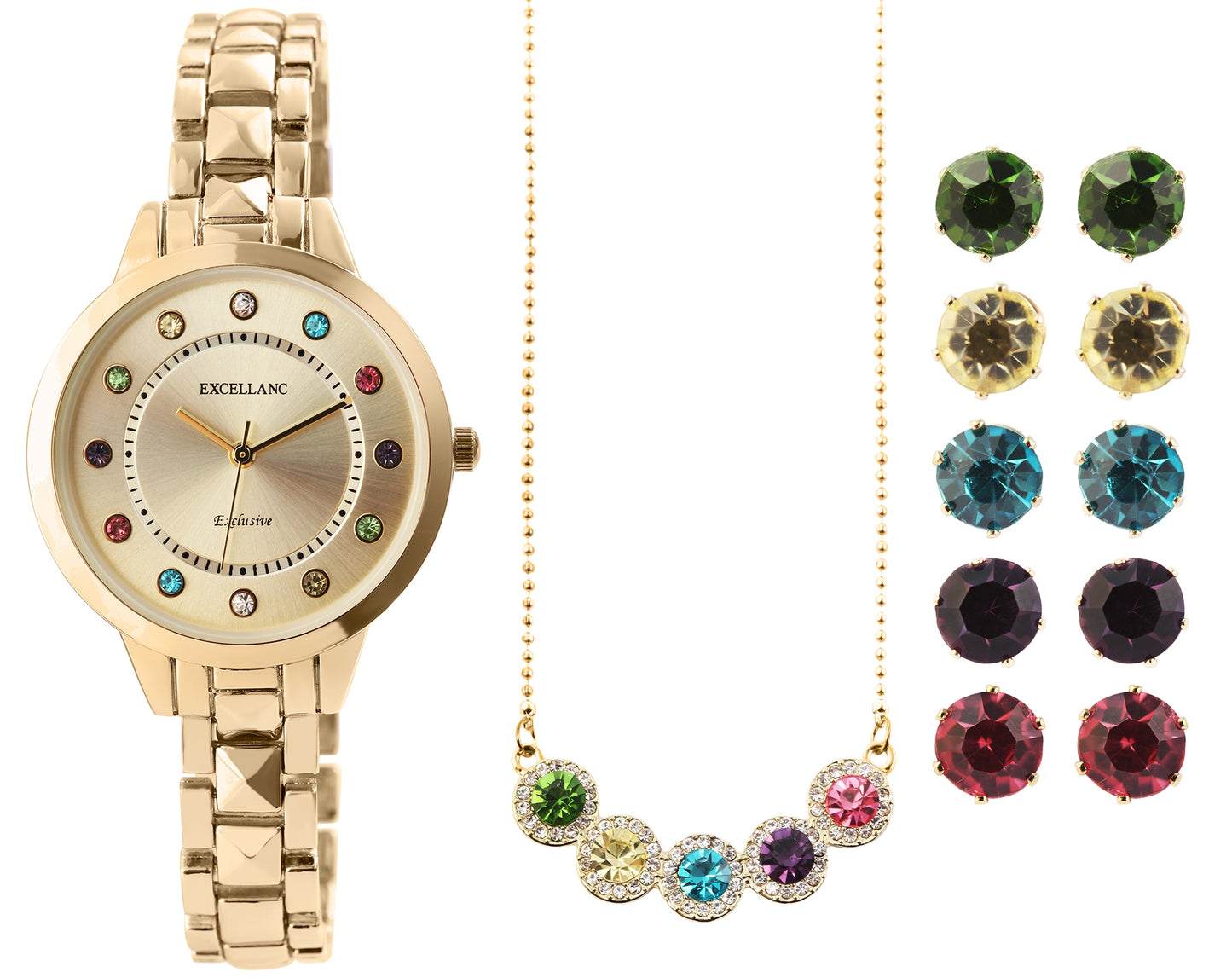 Zestaw zegarków damskich Excellanc z 5 parami kolczyków i 1 naszyjnikiem z wielokolorowymi kryształami Emporia, w kolorze złotym