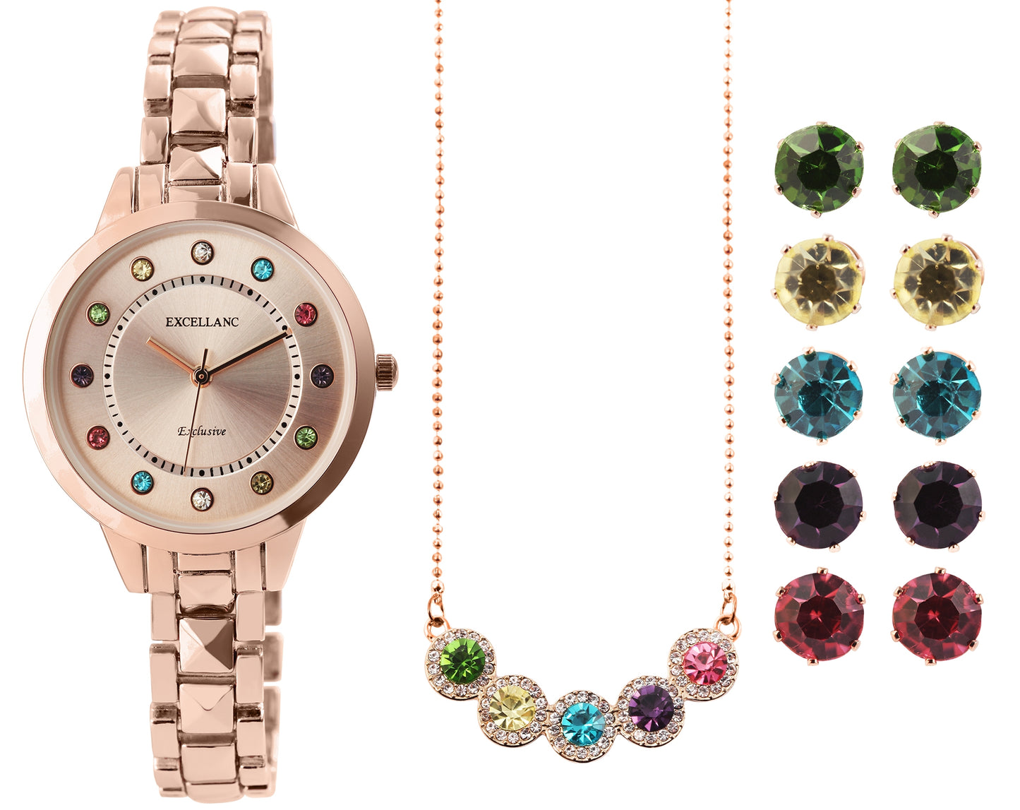 Zestaw damskich zegarków prezentowych Excellanc z 5 parami kolczyków i 1 naszyjnikiem z wielokolorowymi kryształami Emporia, w odcieniu różowego złota