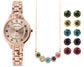 Zestaw damskich zegarków prezentowych Excellanc z 5 parami kolczyków i 1 naszyjnikiem z wielokolorowymi kryształami Emporia, w odcieniu różowego złota