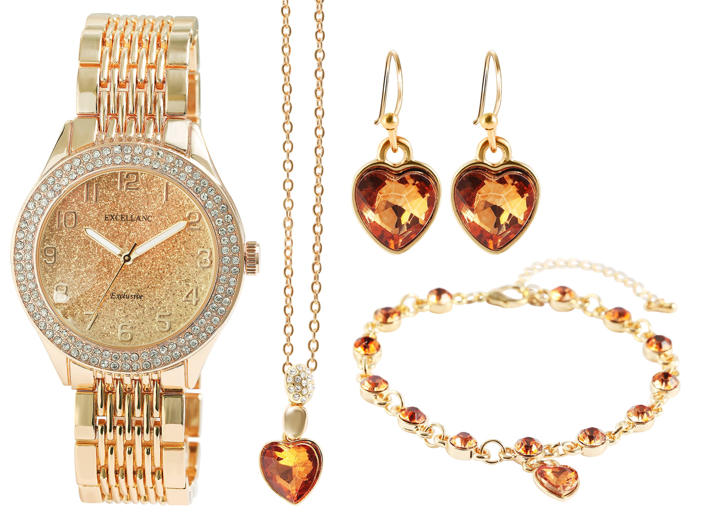 Zestaw damskich zegarków prezentowych Excellanc z bransoletą i naszyjnikiem ze złotymi kryształami Emporia w kształcie serca, w kolorze złotym