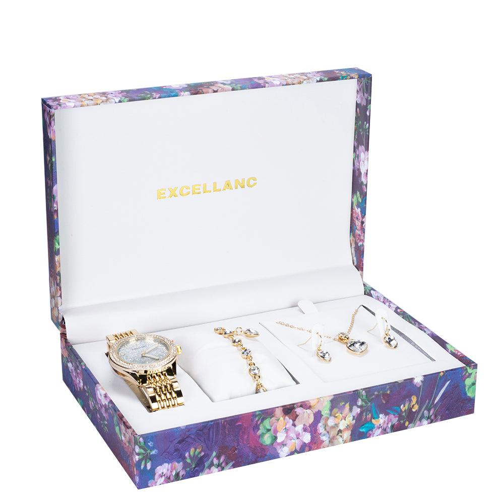Excellanc damski zestaw zegarków upominkowych z bransoletą i naszyjnikiem z białymi kryształami Emporia w kształcie serca, w kolorze złotym