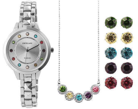 Zestaw zegarków damskich Excellanc z 5 parami kolczyków i 1 naszyjnikiem z wielokolorowymi kryształami Emporia, w kolorze srebrnym