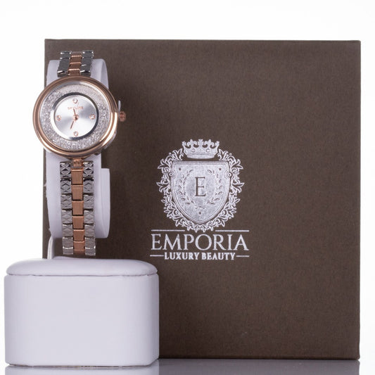 Damski zegarek SKYLINE ze stopu metali w kolorze różowego złota i srebra z kryształkami kwarcu i prezentowym pudełkiem (długość 19 cm)