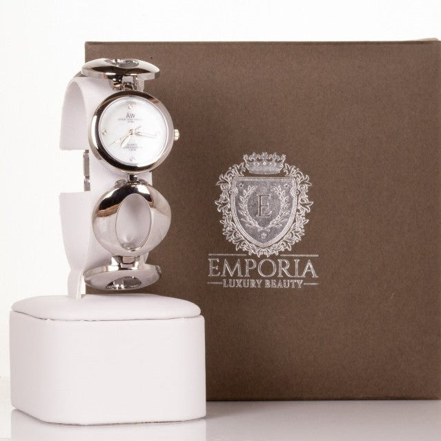 AW Srebrny damski zegarek ze stopu metali lekkich z się paskiem z symbolami nieskończoności i 4 kryształami kwarcu