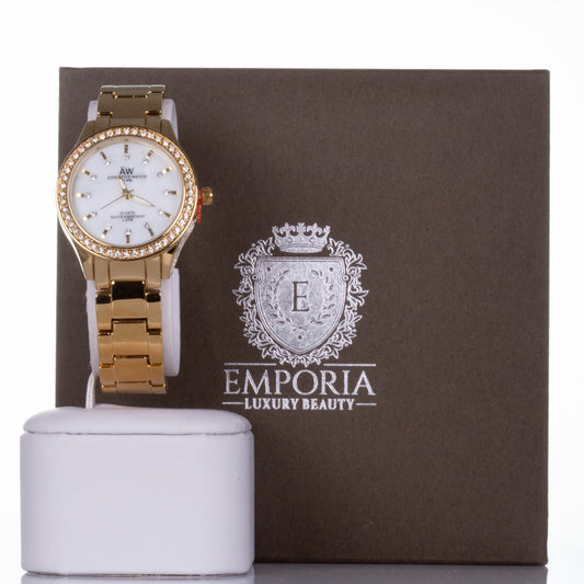 AW Damski zegarek ze stopu z kryształami kwarcu z pudełkiem na prezent (kolor złoty)