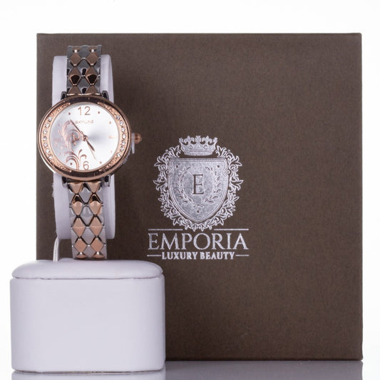 Damski zegarek SKYLINE ze stopu metali w kolorze różowego złota i srebra z tarczą w kształcie kwiatka i kryształkami kwarcu w pudełku prezentowym (długość 17,5 cm)