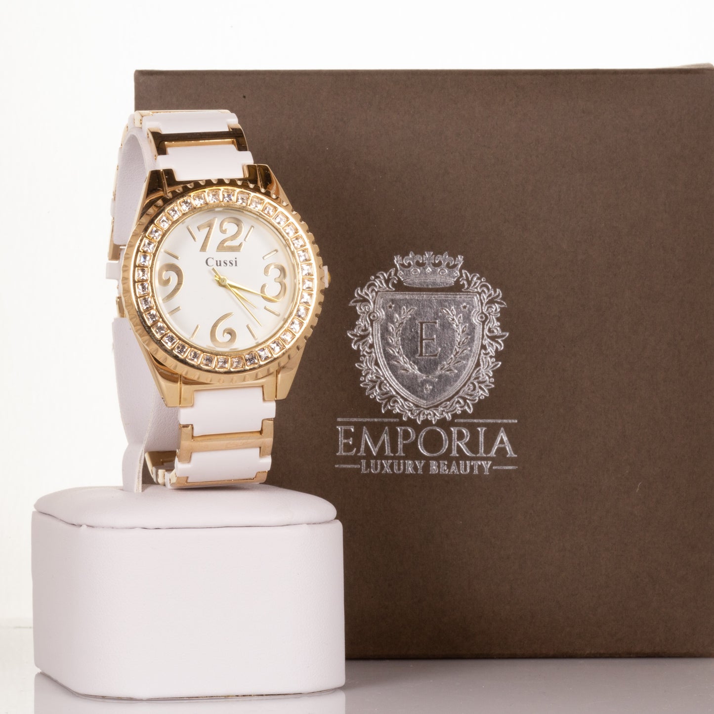 CUSSI Złoto-biały damski zegarek ze stopu metali z kolorowym paskiem i kryształkami kwarcu wokół tarczy