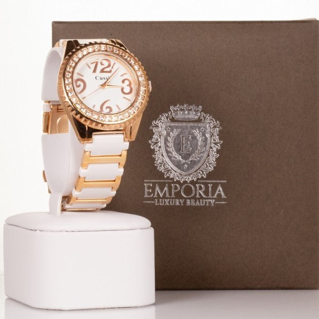 CUSSI Damski zegarek ze stopu metali w kolorze różowego złota z białym paskiem i kryształkami kwarcu wokół tarczy