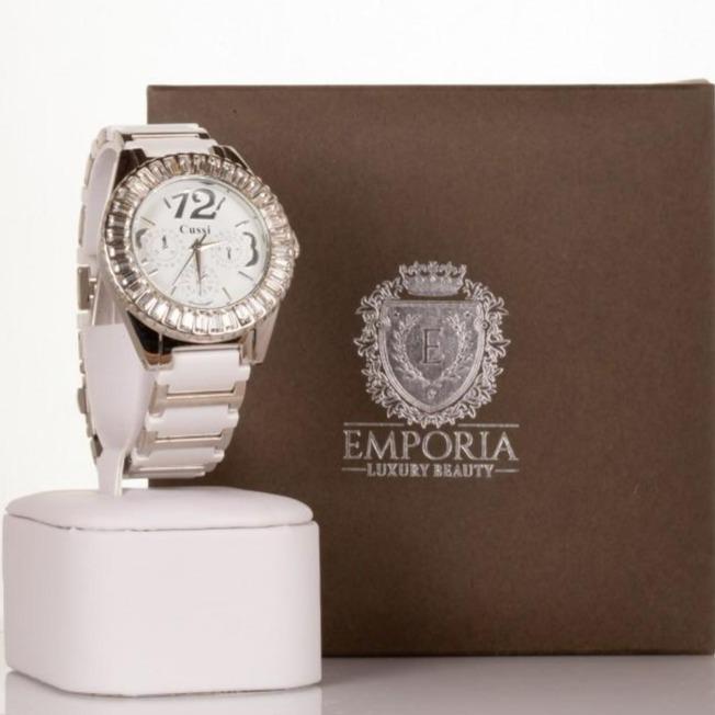 CUSSI Damski zegarek ze stopu metali w kolorze srebrno-białym z kryształkami kwarcu wokół tarczy