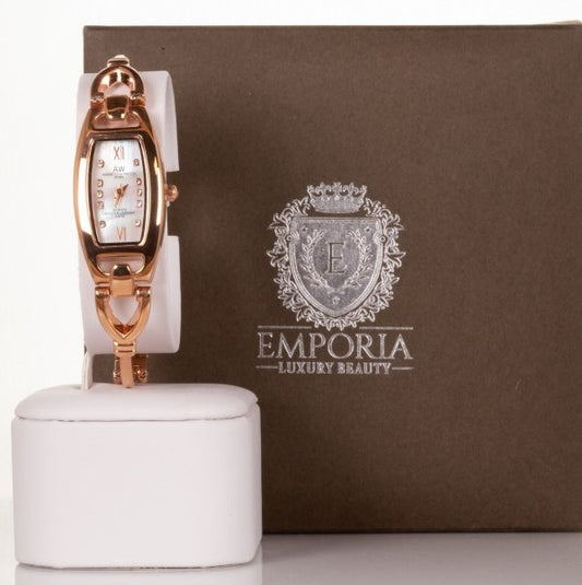 AW damski zegarek ze stopu metali w kolorze różowego złota z cienkim trójkątnym paskiem i kryształkami kwarcu