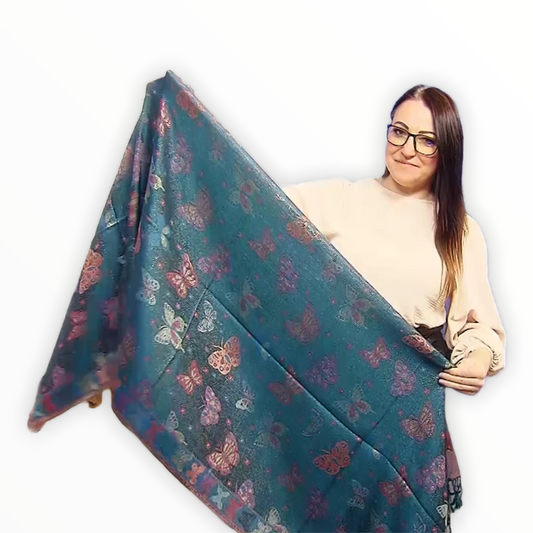 100% Prawdziwy kaszmirowy szal Pashmina, 70 cm x 170 cm, błyszczący turkusowy wzór w motyle