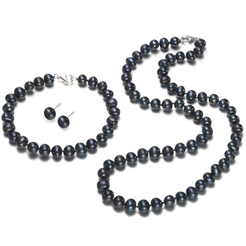Zestaw ze srebra próby 925 z czarną perłą hodowlaną słodkowodną