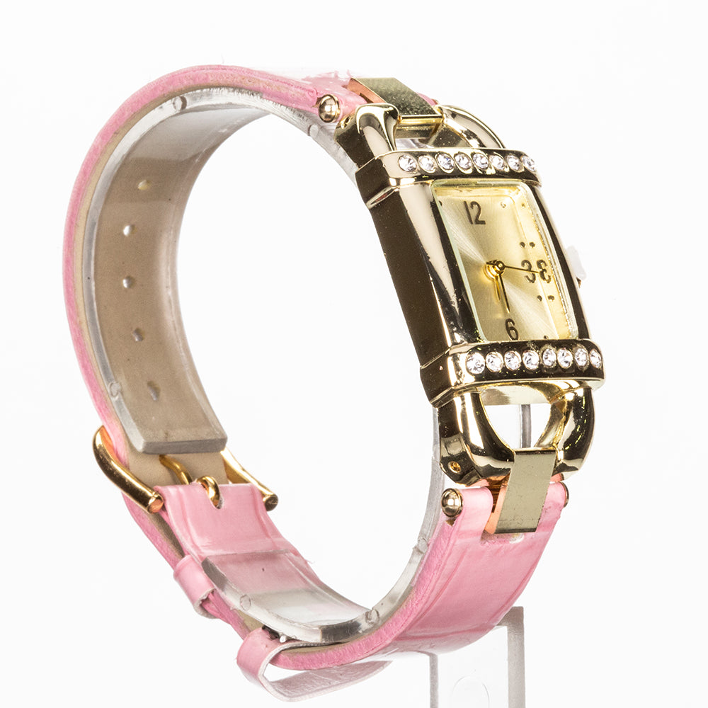 3-częściowy zestaw kwarcowego zegarka ze stopu złota w tonacji, wymienne paski z ekoskóry w kolorze różowym flaminga i wymienne paski z ekoskóry w kolorze białym z białym kryształem Emporia, biała tarcza, , 20,5 cm