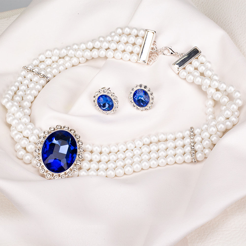 Zestaw pozłacane z perłą i niebieskim kryształem emporia® (Naszyjnik+Kolczyki)