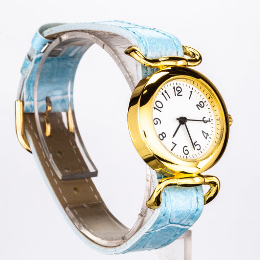 Zestaw 3 damskich zegarków na rękę z wymiennymi jasnoniebieskimi, ciemnoniebieskimi i różowymi paskami oraz złotą tarczą