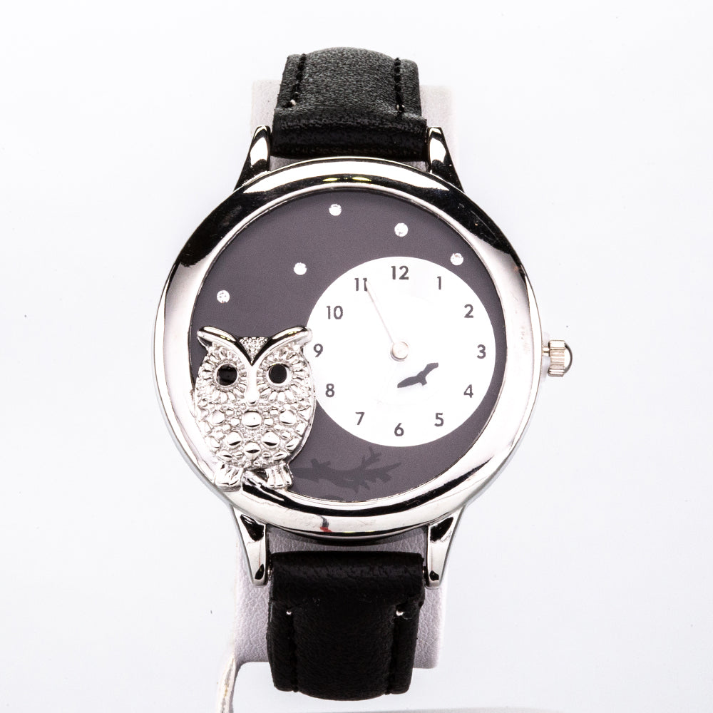 Damski zegarek na rękę z czarnym paskiem i czarno-białą kryształową tarczą Emporia oraz srebrną tarczą