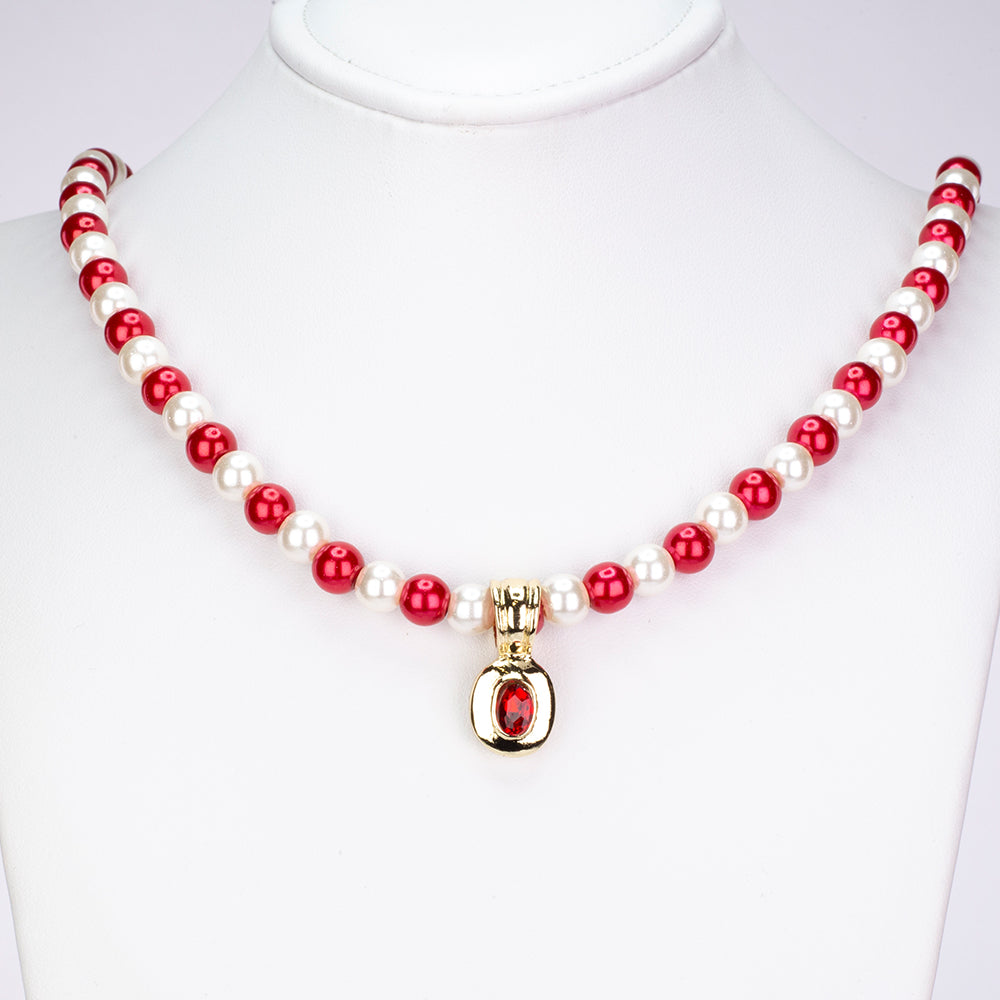 Zestaw pozłacane z biała perłą i czerwonym kryształem emporia® (Naszyjnik+Kolczyki+Bransoletka)