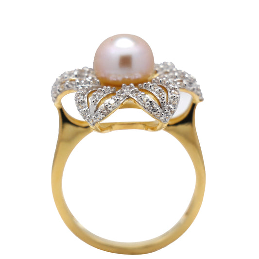Pierścionek srebrny pozłacany z walentynkową różową perłą słodkowodną i białym cyrkonem