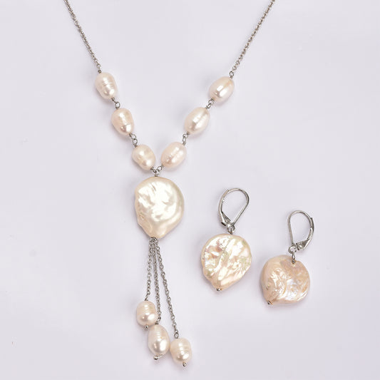 Zestaw ze srebra próbe 925 z perłą hodowlaną klasy AAA i perłą hodowlaną ( Naszyjnik+Kolczyki )