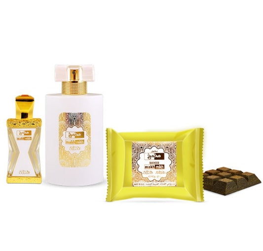 50 ml Wody Perfumowanej + 20 ml Olejku Perfumeryjnego + 40 g Bakhoor Zestaw Prezentowy Makh Mikh Orientalny Zapach dla Kobiet i Mężczyzn