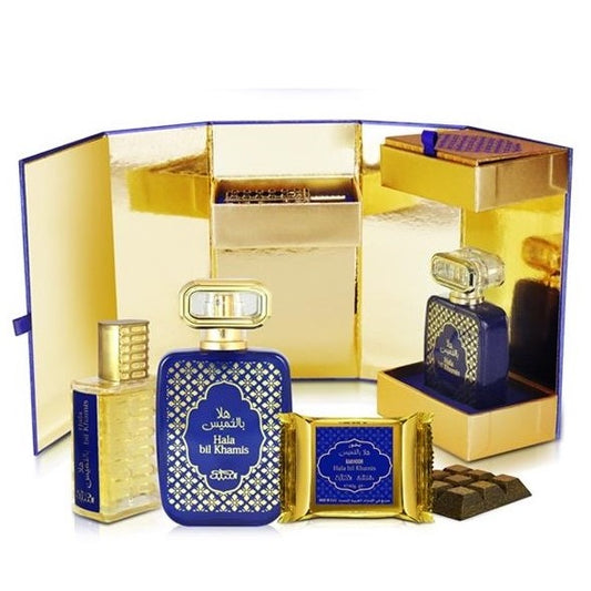 50 ml Woda Perfumowana + 20 ml Olejku Perfumeryjnego + 40 g Bakhoor Zestaw Prezentowy Hala Bil Khamis Drzewno-Korzenno-Kwiatowy Zapach dla Kobiet i Mężczyzn